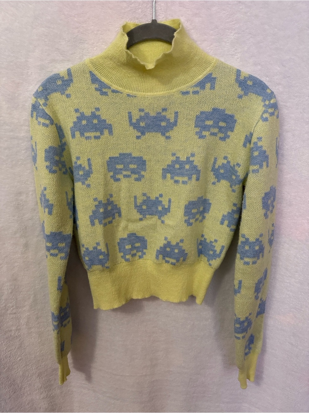 Zara Space Invaders Taito Yellow Turtleneck Sweater with Blue Pixel Motif Size S